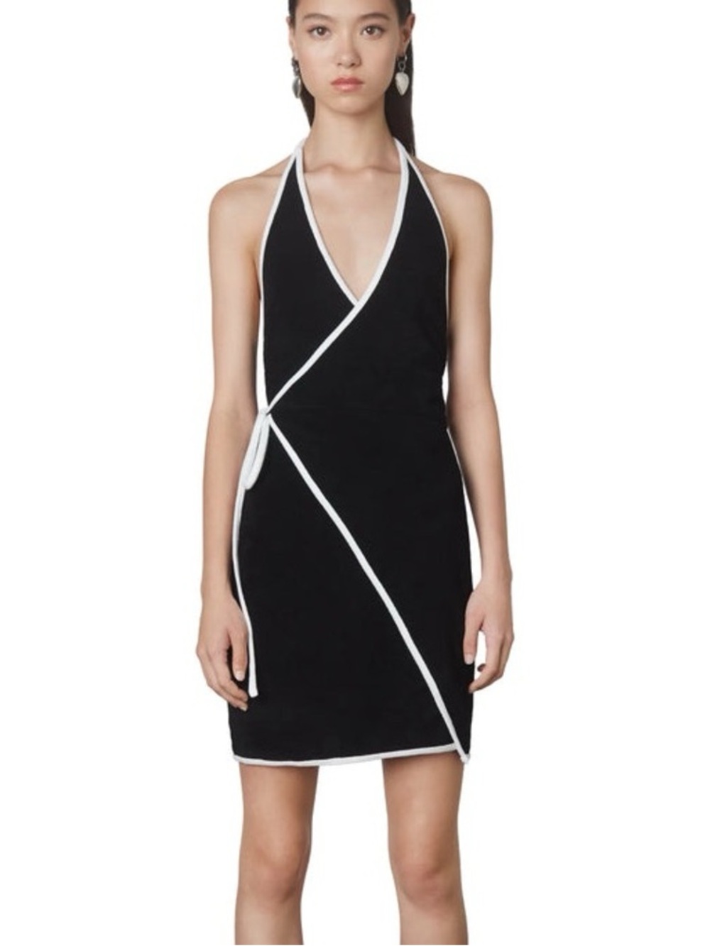 Nia Black Halter Wrap Mini Dress with White Piping Size M